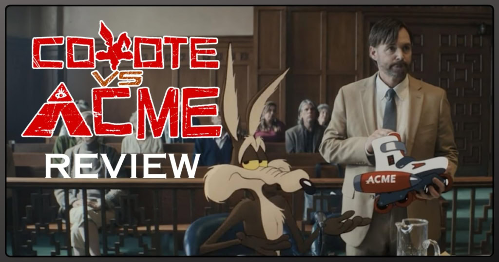 Coyote vs. Acme review with animated characters and courtroom scene.