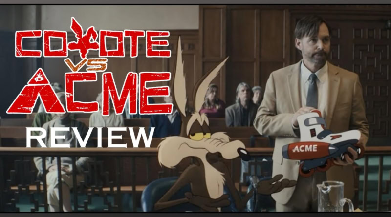 Coyote vs. Acme review with animated characters and courtroom scene.
