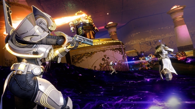 Futuristic sci-fi battle scene with armored soldiers and energy weapons. Destiny 2 game image