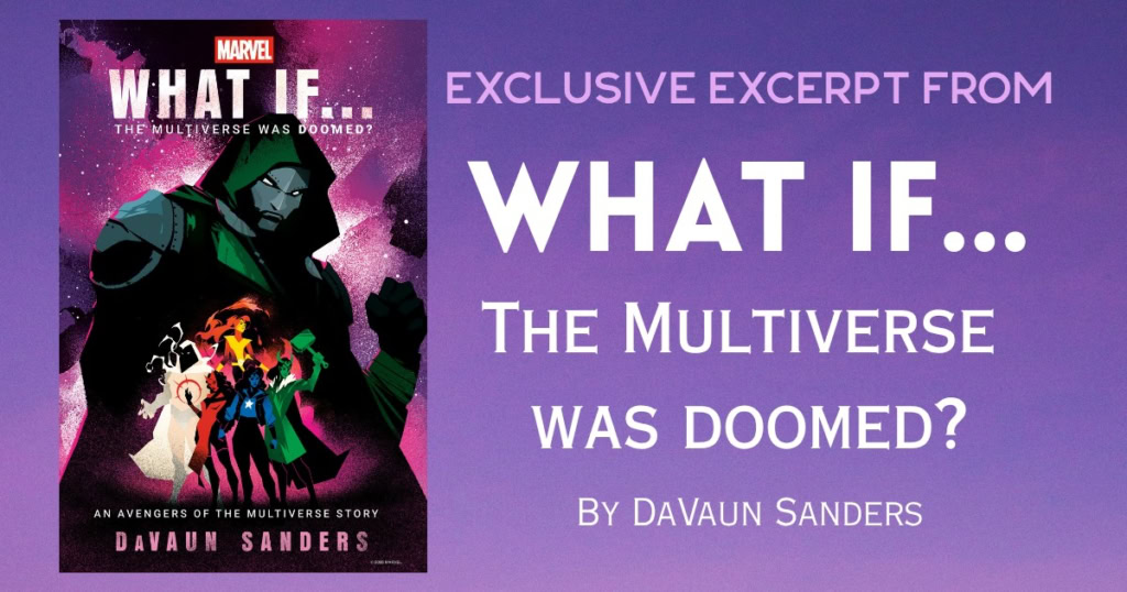 Book cover for 'What If... The Multiverse Was Doomed?' by DaVaun Sanders, featuring a cosmic background and superhero characters.