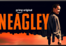 Neagley from Reacher universe in promotional poster with city skyline background.