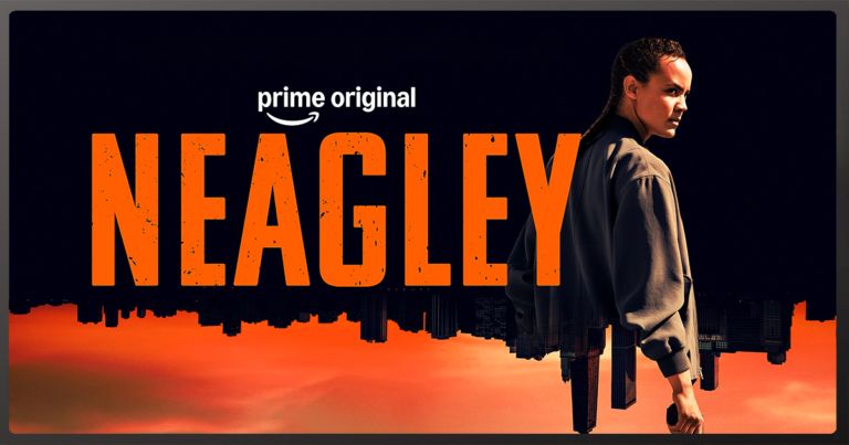 Neagley from Reacher universe in promotional poster with city skyline background.