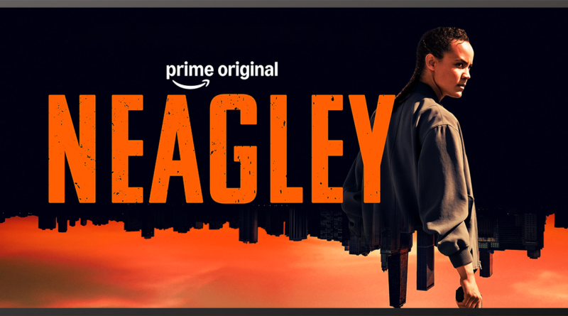 Neagley from Reacher universe in promotional poster with city skyline background.