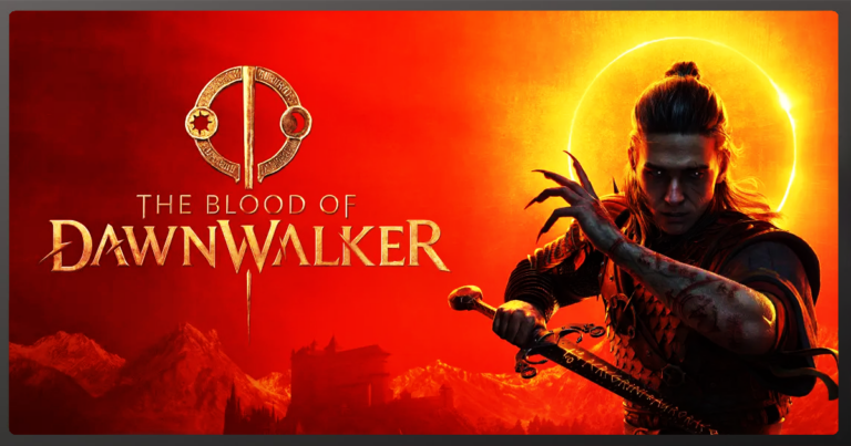 Dark warrior with sword against fiery sunset background in The Blood of Dawnwalker. Game review banner