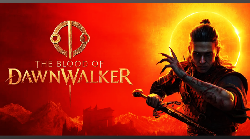 Dark warrior with sword against fiery sunset background in The Blood of Dawnwalker. Game review banner