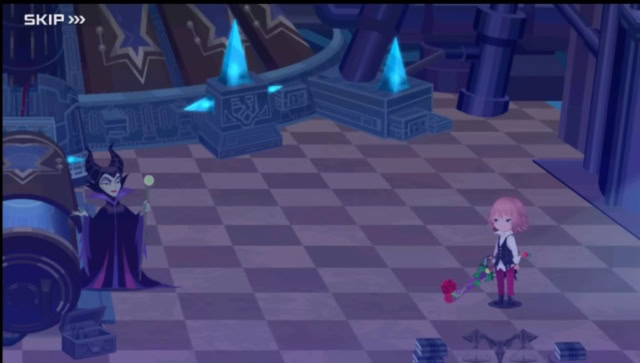 Fantasy game scene with a character holding a rose and a villain in a dark castle setting.