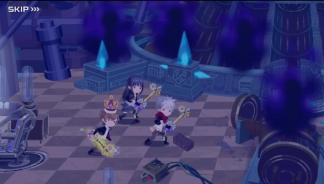 Anime-style characters performing on a stage with futuristic and mystical elements.