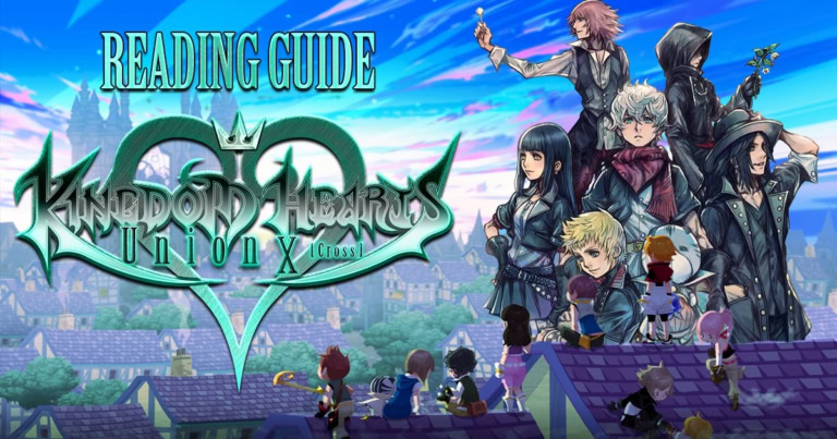 Kingdom Hearts Union X reading guide cover with characters and logo.