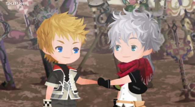 Kingdom Hearts Union X Two animated characters from Kingdom Hearts shaking hands in a forest setting.