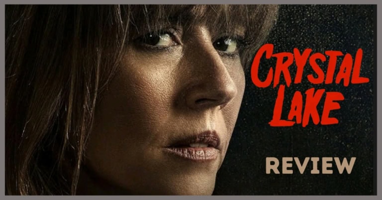 Close-up of a woman's face with dark makeup and hair, 'Crystal Lake Review' text overlay.