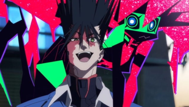 Rogue anime character with spiky hair and neon green geometric companion in a dramatic scene. Cyberpunk Edgerunners season 2