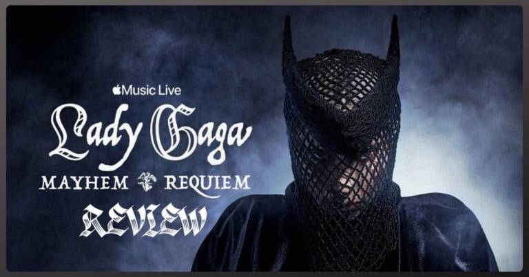 Lady Gaga Mayhem Requiem album cover with dark, masked figure and smoky background.