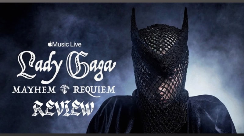 Lady Gaga Mayhem Requiem album cover with dark, masked figure and smoky background.