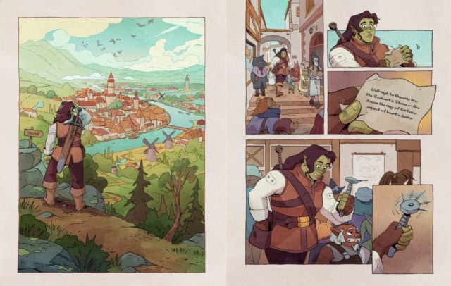 Fantasy adventurer overlooking a vibrant medieval city from a hilltop.