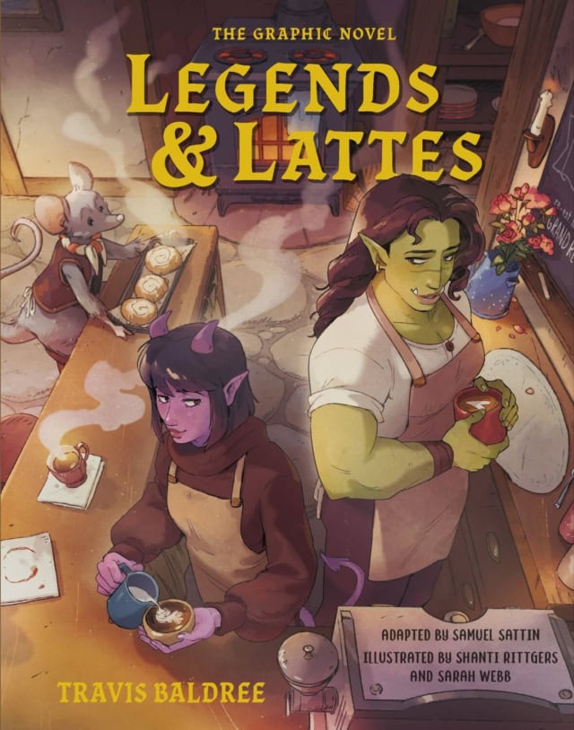 Cover of 'Legends & Lattes' graphic novel featuring two characters in a cozy cafe setting.