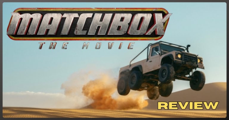 Matchbox The Movie review poster with off-road vehicle jumping desert dunes.