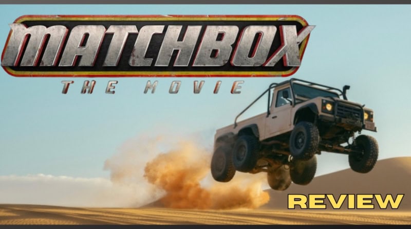 Matchbox The Movie review poster with off-road vehicle jumping desert dunes.