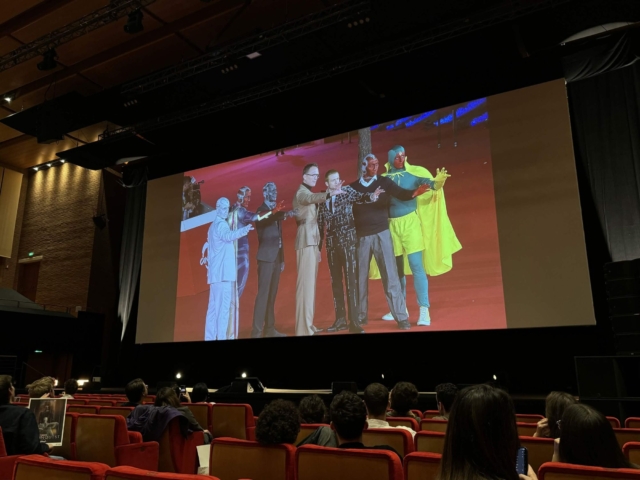 Paul Bettany and Ruaridh Mollica with Vision cosplayers at the Rome Film Festival for a VisionQuest screening. (Photo credit: Uday Kataria)