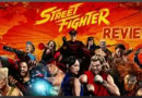 Street Fighter review featuring diverse characters in dynamic poses on fiery background.