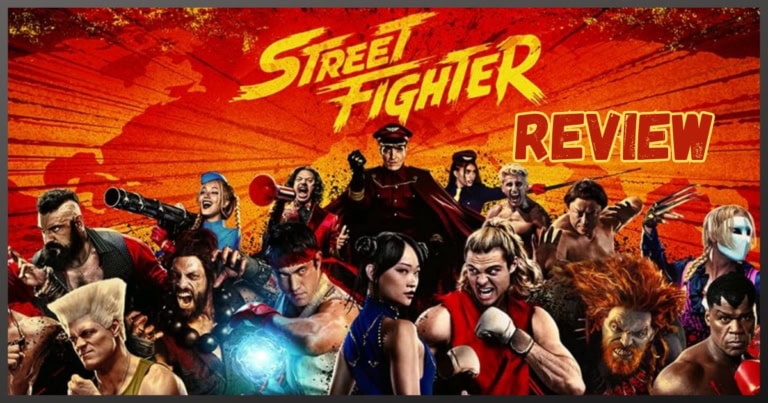Street Fighter review featuring diverse characters in dynamic poses on fiery background.