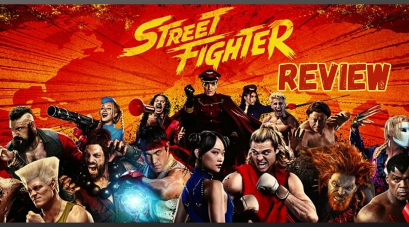 Street Fighter review featuring diverse characters in dynamic poses on fiery background.