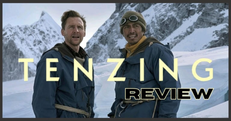 Tenzing (2026) movie review banner. snow-covered mountains with two explorers.