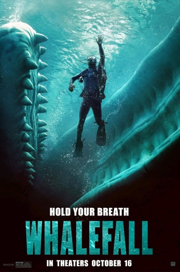 Whalefall (2026) film poster. Diver swimming near a massive whale in the ocean.
