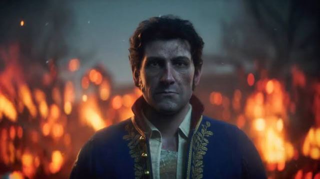 Dramatic scene with a man in front of a fiery background from Valor Mortis.