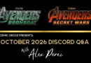 Doomsday and Secret Wars logos with October 2026 Discord Alex Perez Q&A event details.