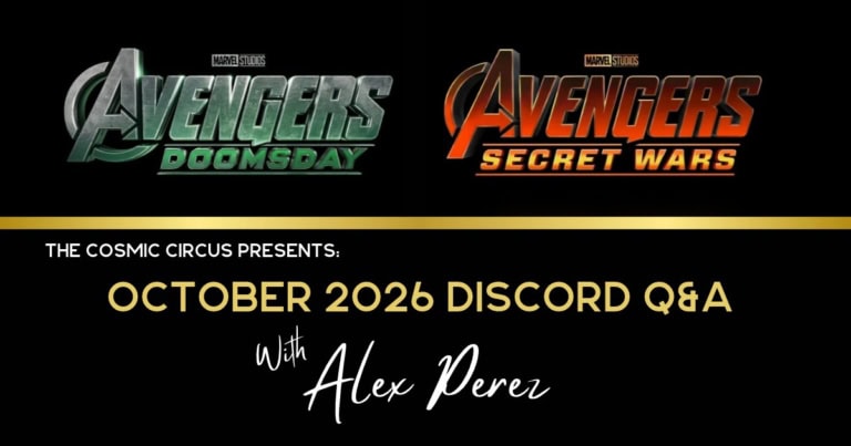 Doomsday and Secret Wars logos with October 2026 Discord Alex Perez Q&A event details.